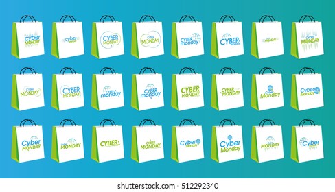 Set of cyber monday shopping bags on a blue background, Vector illustration