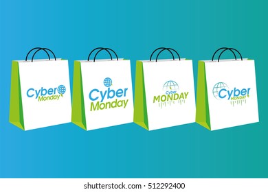Set of cyber monday shopping bags on a blue background, Vector illustration