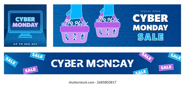 Set of Cyber Monday web banners with flat cartoon shopping baskets, computer monitor, SALE coupons,tickets on blue circuit board background. Promo display posters for online shopping ad, special offer