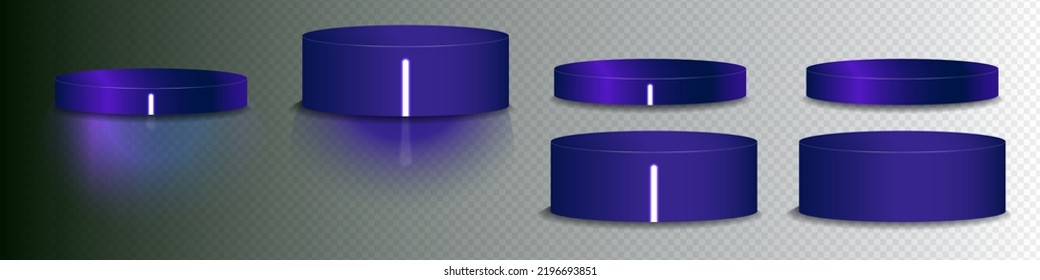 Set of Cyber Neon 3d Podiums with glowing laser bar on center with reflection on ground. 3d cylinder stages in dark blue with LED bars, isolated. Editable Vector, EPS 10. 