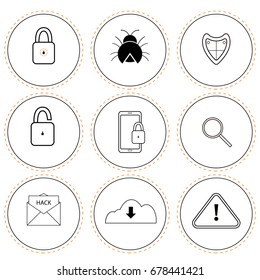 Set cyber security concept icon, virus, bug or malware digital hacker attack icons and guard protection from risk or damage to hardware, software, information, system privacy vector illustration
