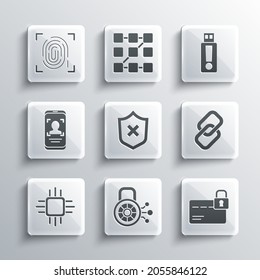 Set Cyber security, Credit card with lock, Chain link, Shield cross mark, Processor microcircuits CPU, Mobile and face recognition, Fingerprint and USB flash drive icon. Vector