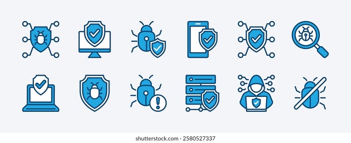 Set of cyber security and data protection technology icon. Containing antivirus, bug, hacker attack, and threats computer. Digital shield, warning, barrier, crime, no, searching. Vector illustration