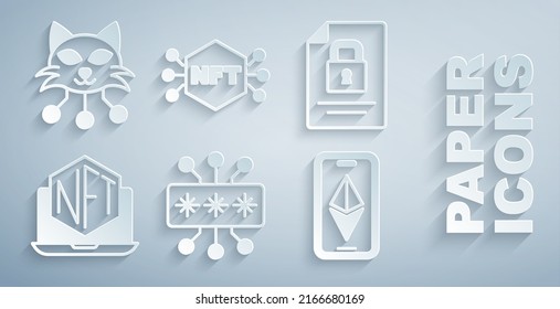Set Cyber security, Document and lock, Laptop with art store app, Ethereum ETH, NFT Digital crypto and  icon. Vector