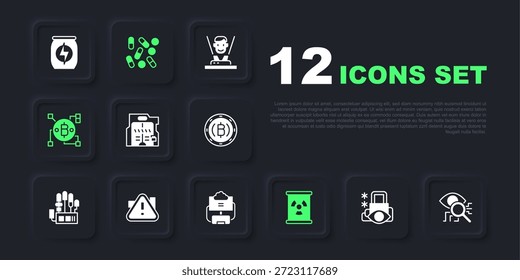 Seguridad cibernética, exploración ocular, puertas correderas futuristas, barril de residuos radioactivos, tecnología Blockchain, triángulo de signos de exclamación, biohacking de píldoras médicas e icono de base de datos en la nube. Vector