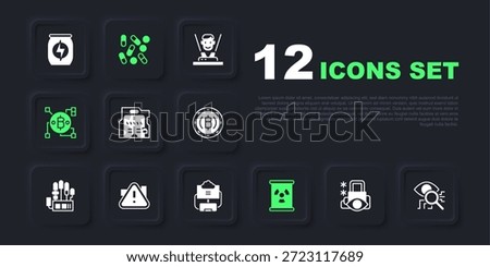 Set Cyber security, Eye scan, Futuristic sliding doors, Radioactive waste barrel, Blockchain technology Bitcoin, Exclamation mark triangle, Medical pill biohacking and Cloud database icon. Vector