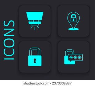 Set Cyber security, Fire sprinkler system, Lock and  icon. Black square button. Vector