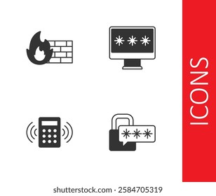 Set Cyber security, Firewall, wall, Security keypad access panel and Monitor with password icon. Vector