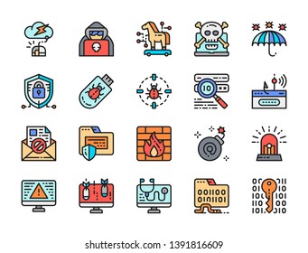 Set of Cyber Security Flat Color Line Icons. Hacker Attack, Spy Agent, Computer Virus, Cybercrime, Antivirus, Firewall, File Protection, Cryptography and more. Pack of 48x48 Pixel Icons