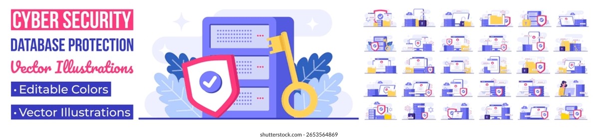 Set of cyber security flat Illustrations, Database protection, Information privacy, Cloud storage service, Privacy data protection concept for landing page, mobile app, web banner, infographic