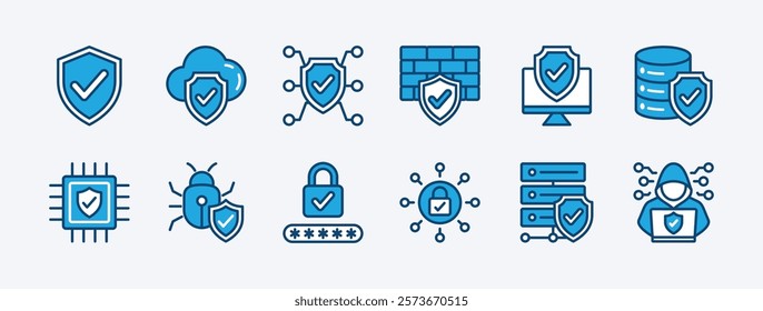 Set of cyber security icon. Containing cloud computing protection, password lock, secure from hackers, server safety, encryption, data protected, firewall, computer virus. Vector illustration