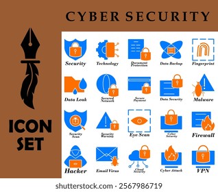 Set of cyber security icon illustrations in blue and light brown colors, ideal for web and app design projects, promotional materials, cyber security, technology infographics, user interface elements.