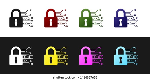 Set Cyber security icon isolated on black and white background. Closed padlock on digital circuit board. Safety concept. Digital data protection. Vector Illustration