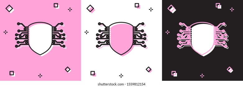 Set Cyber security icon isolated on pink and white, black background. Shield sign. Safety concept. Digital data protection.  Vector Illustration