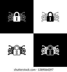 Set Cyber security icons isolated on black and white background. Closed padlock on digital circuit board. Safety concept. Digital data protection. Vector Illustration