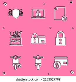 Establecer la seguridad cibernética, portátil y bloqueo, documento, interfaz de api del ordenador, tarjeta de crédito con y icono de bloqueo. Vector
