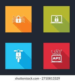 Set Cyber security, Laptop and lock, Electric scooter and Computer api interface icon. Vector