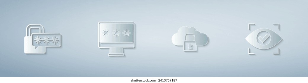 Set Cyber security, Monitor with password, Cloud computing lock and Eye scan. Paper art style. Vector