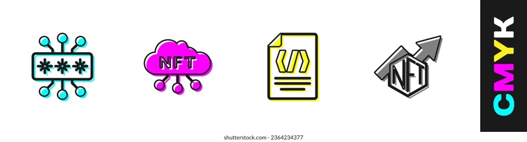 Set Cyber security, NFT cloud, Binary code and growth bar chart icon. Vector