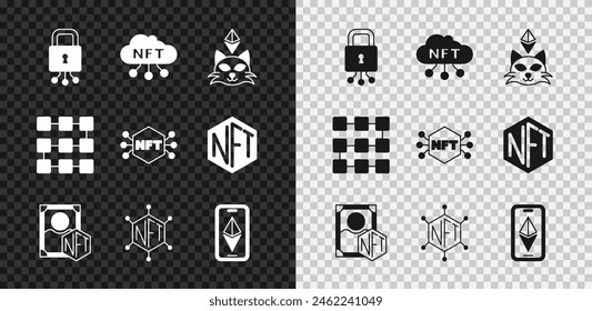 Set Cyber security, NFT cloud, Digital crypto art, blockchain technology, Ethereum ETH,  and  icon. Vector