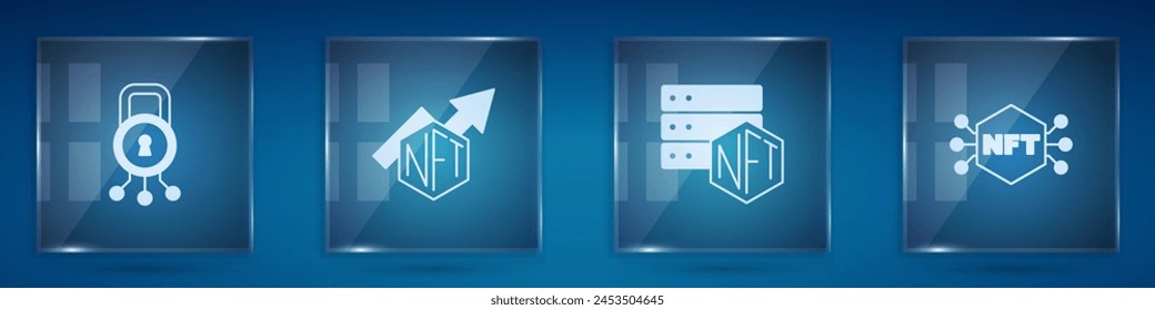 Establezca la seguridad cibernética, el gráfico de barras de crecimiento NFT, la tecnología blockchain y la criptografía digital. Paneles de vidrio cuadrado. Vector