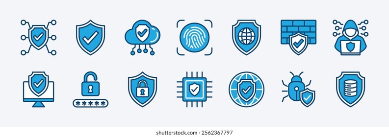 Set of cyber security, protection, secured, safety icon. Containing digital technology, network, fingerprint, firewall, hacker, data, virus, password, digital code, access, computer devices vector