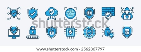 Set of cyber security, protection, secured, safety icon. Containing digital technology, network, fingerprint, firewall, hacker, data, virus, password, digital code, access, computer devices vector