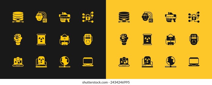 Establecer la seguridad cibernética, lámpara de advertencia radioactiva, base de datos en la nube, tecnología global, barril de residuos, arma futurista e icono de robot humanoide. Vector