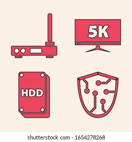 Set Cyber security, Router and wi-fi signal, Monitor display with 5k video and Hard disk drive HDD icon. Vector