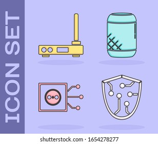 Set Cyber security, Router and wi-fi signal, Remote control and Voice assistant icon. Vector