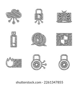 Set Cyber security, Safe combination lock, Shield with brick wall, Firewall,, USB flash drive, System bug monitor and Internet of things icon. Vector