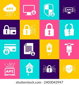 Set Cyber security, Scooter, Broken or cracked lock, Shield with,  and Credit card icon. Vector