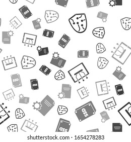 Set Cyber security, SSD card, Tablet and File document on seamless pattern. Vector
