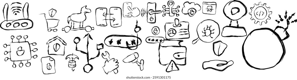 set of cyber security support symbols icons in doodle style, hand drawn symbols protect from hackers computer viruses and fraud, phishing and bugs. Internet security, data protection thin black and re