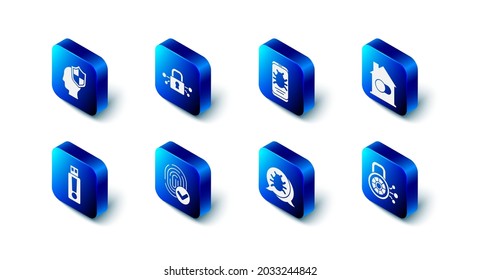 Set Cyber security, System bug on mobile, Smart home, Fingerprint, USB flash drive and Head with shield icon. Vector