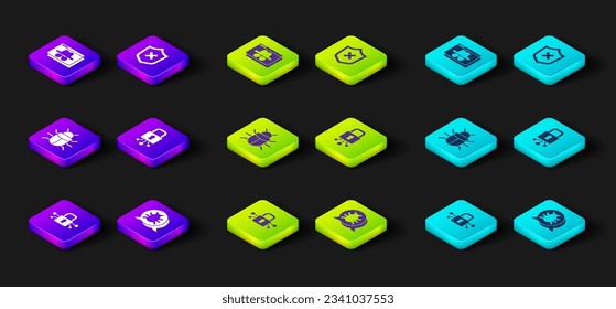 Set Cyber security, System bug, Shield with cross mark and Browser incognito window icon. Vector