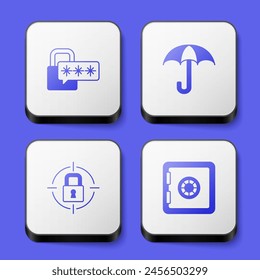 Set Cyber security, Umbrella, Lock and Safe icon. White square button. Vector