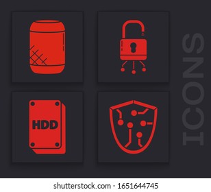 Set Cyber security, Voice assistant, Lock on digital circuit board and Hard disk drive HDD icon. Vector