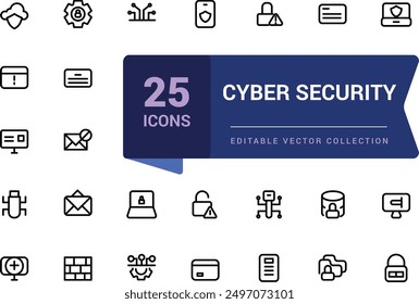 Set of Cyber security web icons in line style. Related to Guard, password, safety, key, shield. Minimalist thin linear web ui icon set. Simple editable vector stroke illustration.