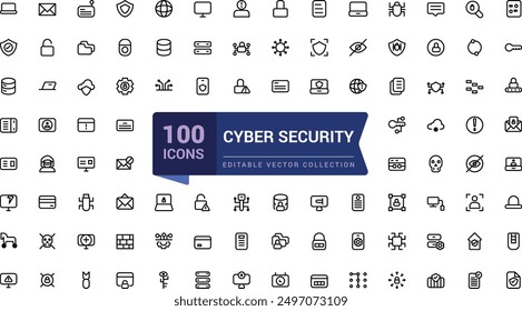 Set of Cyber security web icons in line style. Related to Guard, password, safety, key, shield. Minimalist thin linear web ui icon set. Simple editable vector stroke illustration.