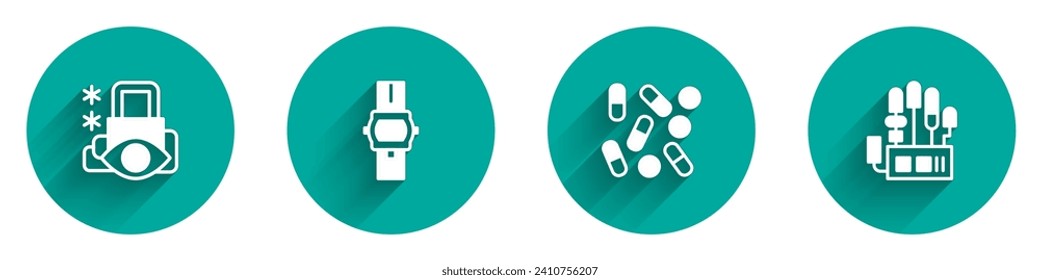 Set Cyber security, Wrist watch, Medical pill biohacking and Mechanical robot hand icon with long shadow. Vector