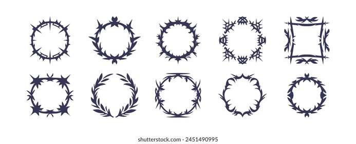 Set of cyber sigilism frame neo tribal elements with sharp spikes circle shapes hand drawn illustration