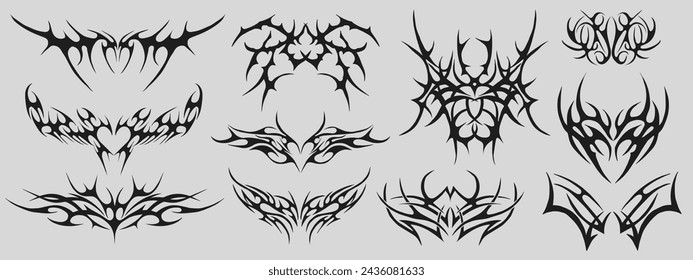 Set Of Cyber Sigilism Tattoo Shapes Vector Design. Collection Of Neo Tribal Patterns.