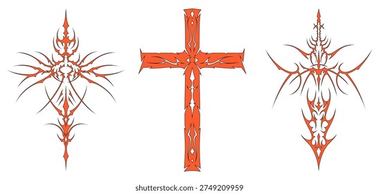 set of cyber sigilsm cross, sword, Neo tribal symmetrical outline and fill sharp style. vector format for mystical symbol, vector design for tattoo flash, streetwear t-shirt print apparel