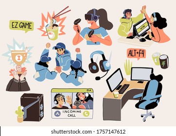 Set of cyber sport pro gaming concept illustrations. Gamers and equipment for playing computer games. Vector illustration