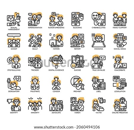 Set of Cyberbullying thin line and pixel perfect icons for any web and app project. 