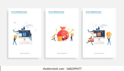 Un grupo de equipos de ciberdelitos hackeando las computadoras. Ilustraciones vectoriales planas de hackers rompiendo información privada. Concepto de ataque hacker para banner, diseño de sitio web o página web de inicio