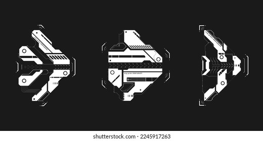 Satz von Cyberpunk-Pfeilen. Sammlung von futuristischen Interfaceelementen. Cyberpunk-Zeiger, Richtung. Set von Pfeilen für das Design des Spiels UI, Poster. Futuristische UI-Tech-Elemente. Vektorgrafik