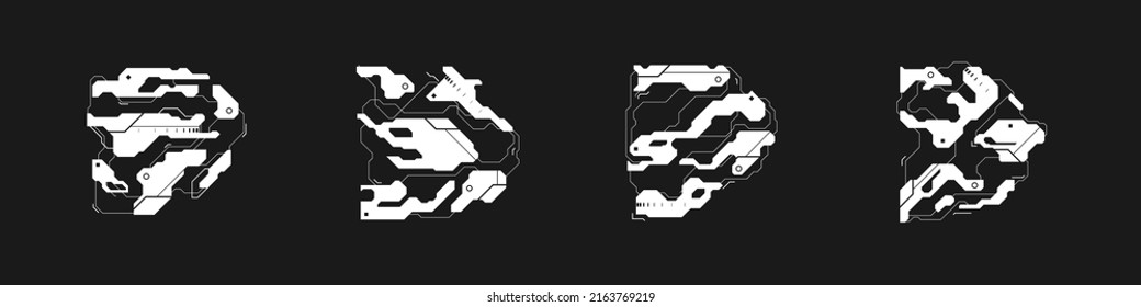 Set of cyberpunk arrows. Futuristic interface cyber elements. Cyberpunk pointers, direction. Set of tech style arrows for design of game, poster, banner, etc. Tech aesthetics. Vector illustration