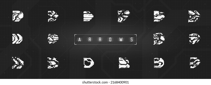 Set of cyberpunk arrows. Kit of futuristic interface cyber elements. Cyberpunk pointers, direction. Collection of tech style arrows for design of game, poster. Tech aesthetics. Vector illustration